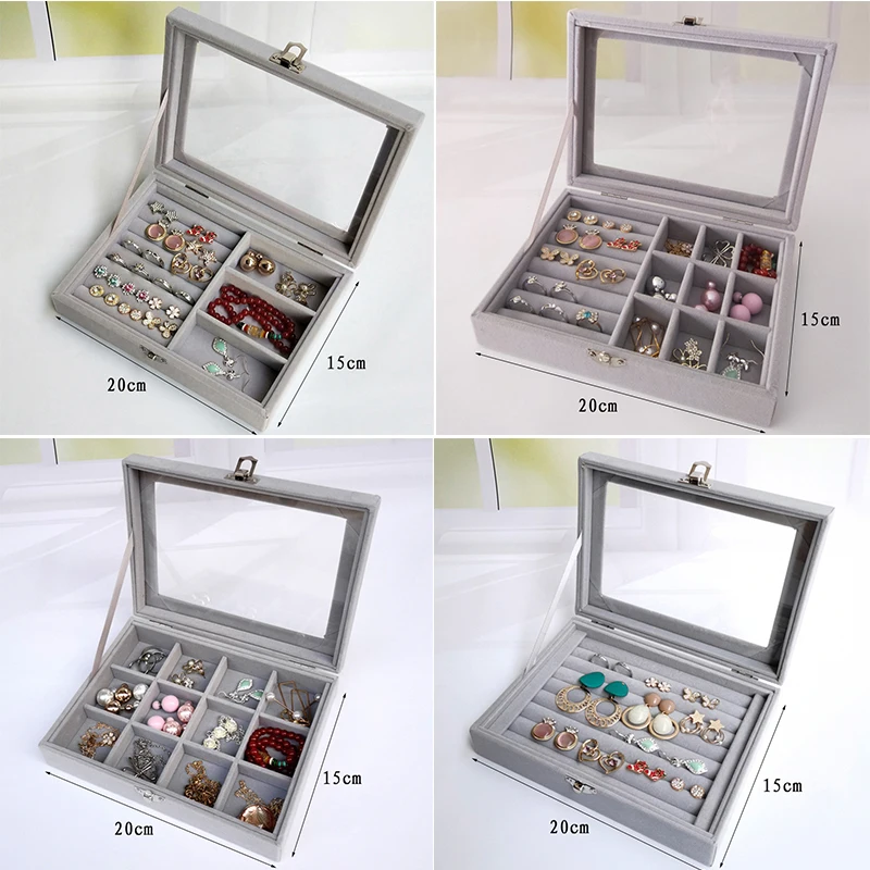 Velvet Glass Ring Earring Jewelry Display Organizer Box Tray Holder Storage Case