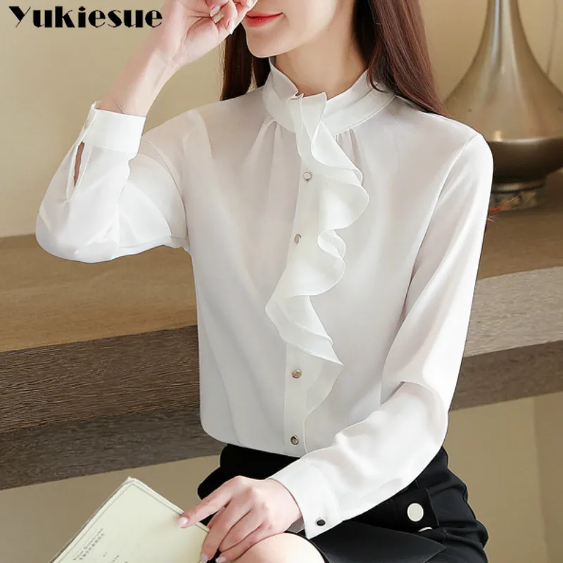 

Женская шифоновая блузка с оборками, с длинным рукавом