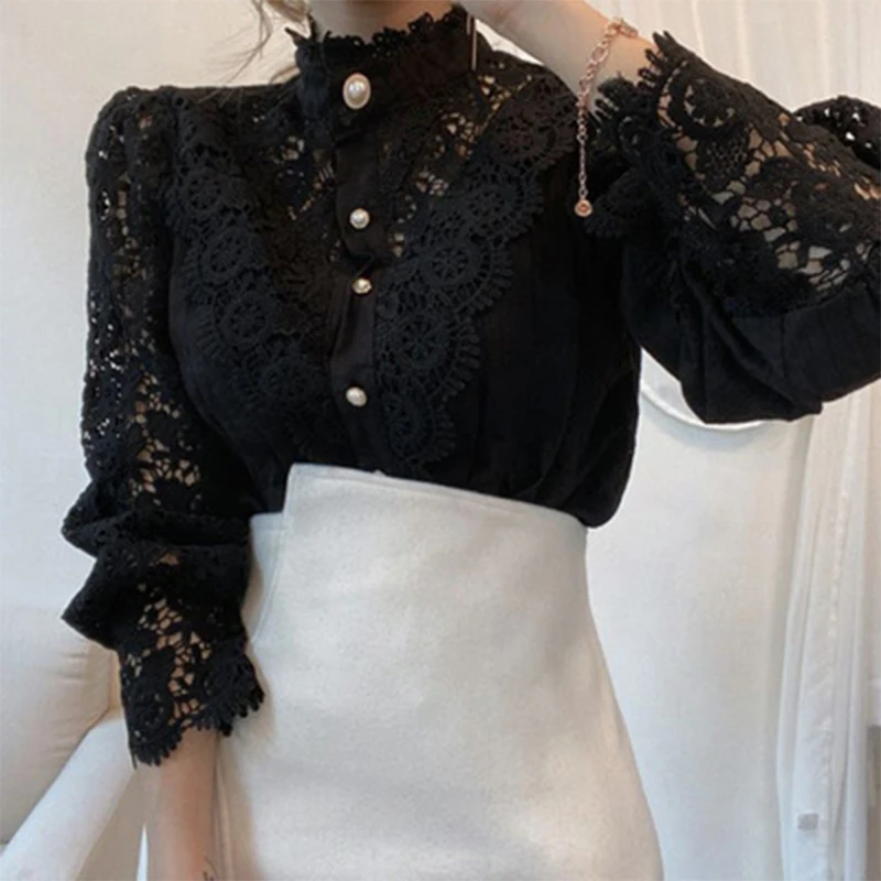 

2021 New Flower Lace White Women Blouses Elegant Stand Collar Petal Sleeve Female Shirts Design Patchwork Hollow Out Button Tops