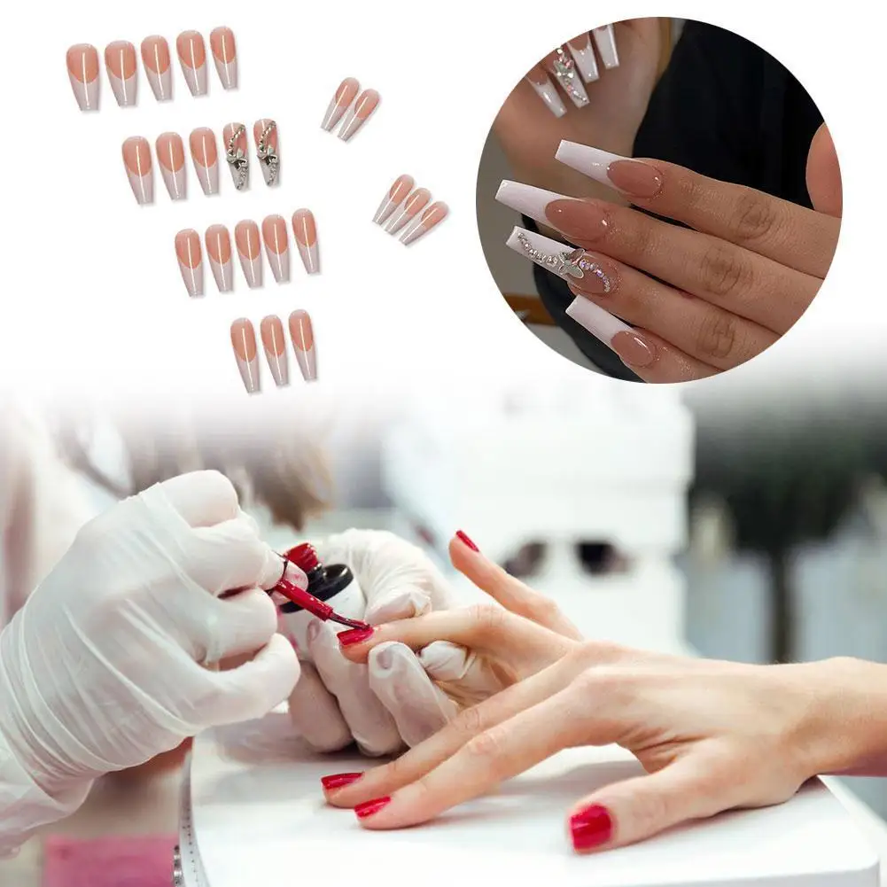 

24Pcs French Manicure New Butterfly Rhinestone Ballet Fake Nails Wearable Long All-Inclusive Plastic Nail Head Nail Sticker