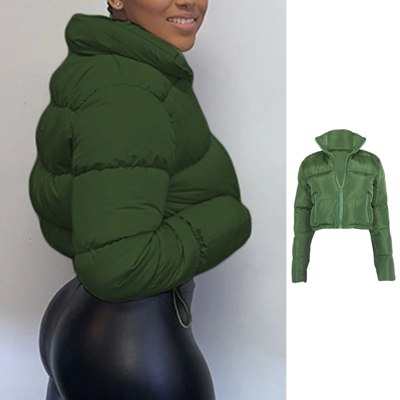 

Women Winter Long Sleeve Puffer Jacket Stand Collar Zip Up Solid Color Cropped Bubble Coat Drawstring Hem Quilted Parkas Outerwe