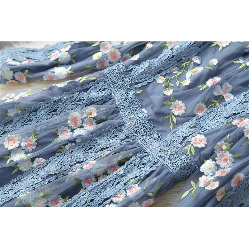 Женские Элегантные Роскошные цветочной вышивкой голубое платье с оборками осень