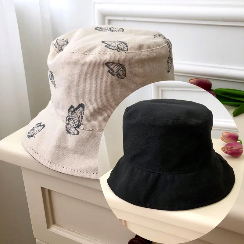 

New Women Butterfly Double Sided Embroidery Autumn Winter Bucket Hat Foldable Sun Hat Cap Hip Hop Fishing Cap Outdoor Hat Gift