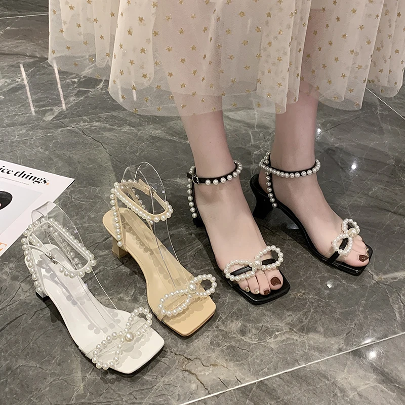 

Clear Heels Buckle Strap Pearl Sandals All-Match Black Shoes for Women Square Toe 2021 Summer Med Block Beige Bow Medium Comfort