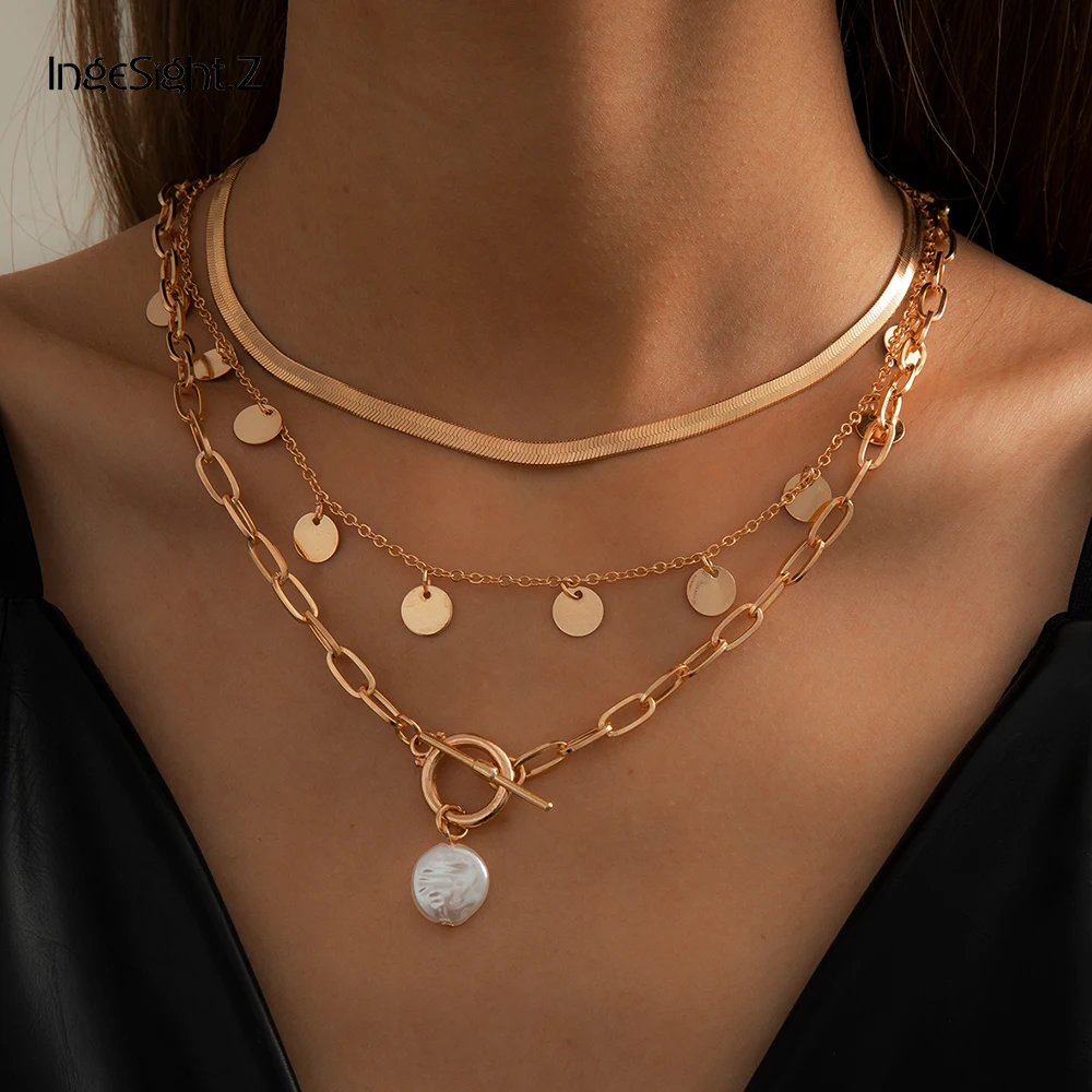 

IngeSight.Z Punk Sequin Tassel Choker Necklace Multi Layered Copper Flat Snake Pearl Toggle Clasp Lasso Pendant Necklace Jewelry