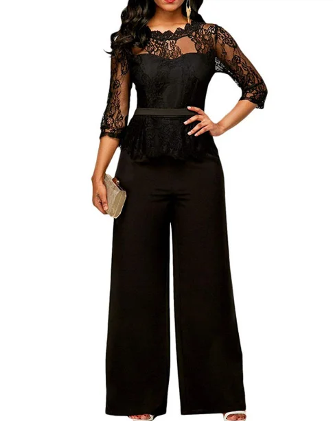 Elegant Sexy Jumpsuits Women Long Sleeve Lace Patchwork Loose Trousers Wide Leg Pants Rompers Holiday Leotard Overalls | Женская одежда