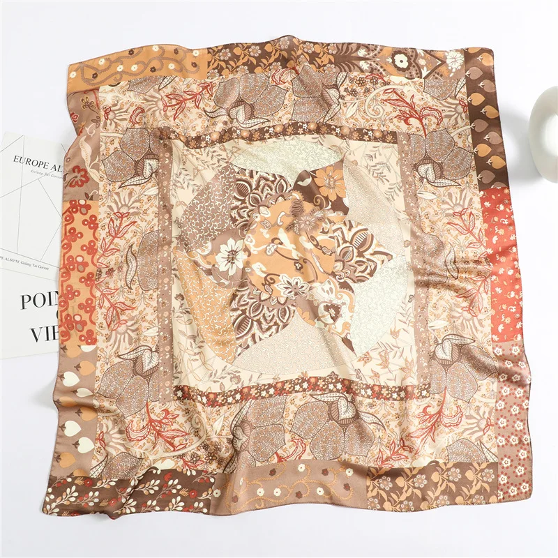 

2021 New Women Bandana Square Silk Scarf Fashion Flowers Print Shawls Female Foulard Ladies Hair Band Neckscarf Wraps 90*90CM