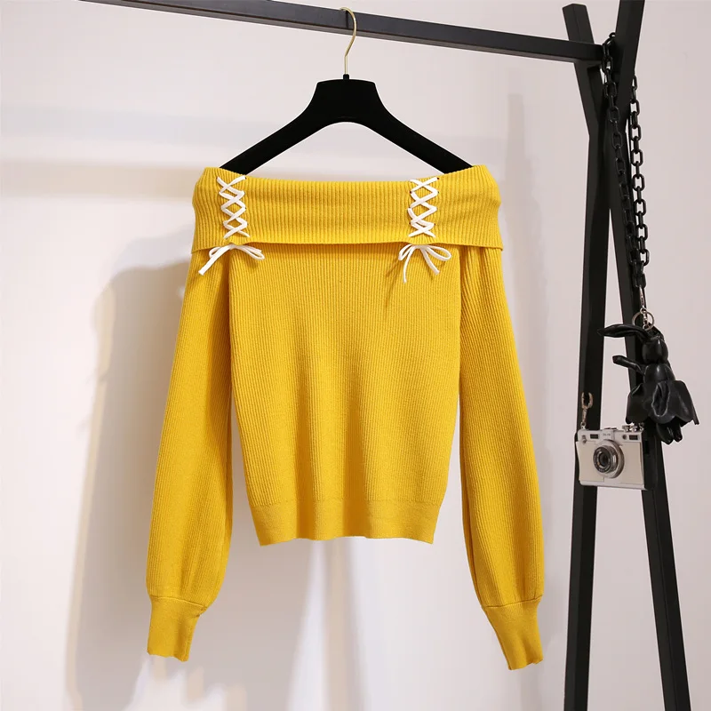 Yellow sweater Кавайный розовый свитер на шнуровке с открытыми плечами, женский осенне-зимний вязаный свитер с длинным рукавом в стиле Лолиты, пуловеры, джемперы для девушек - Цвет: Yellow sweater