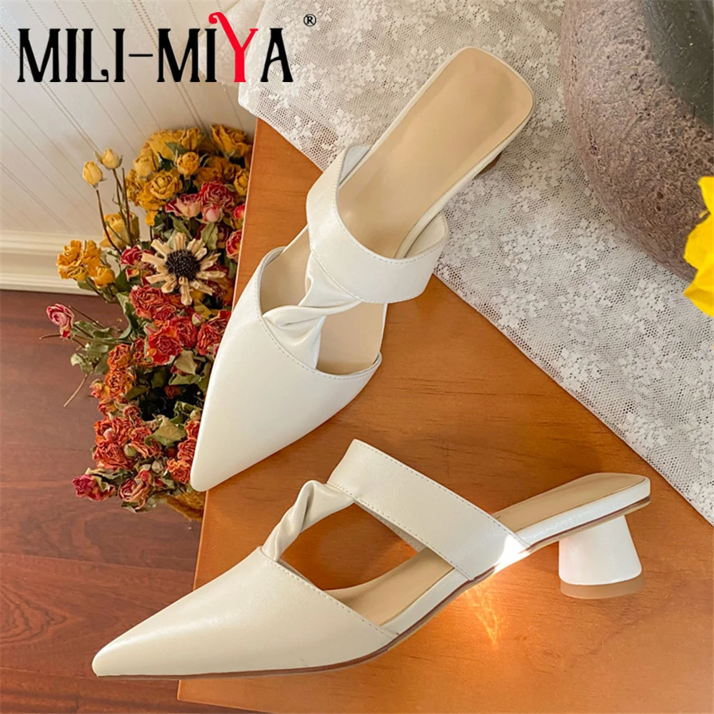 

MILI-MIYA Big Size 34-43 Fashion Pointed Toe Pleated Mules Summer Women Slippers Cow Leather Low Heel Ladies Office Slides Shoes