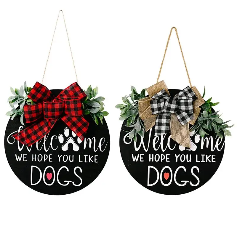 

Welcome Door Hanging Welcome Sign Wooden Door Plate Black Bow Wreath We Hope You Like Dogs Garland Family Wall Window Pendant Ho