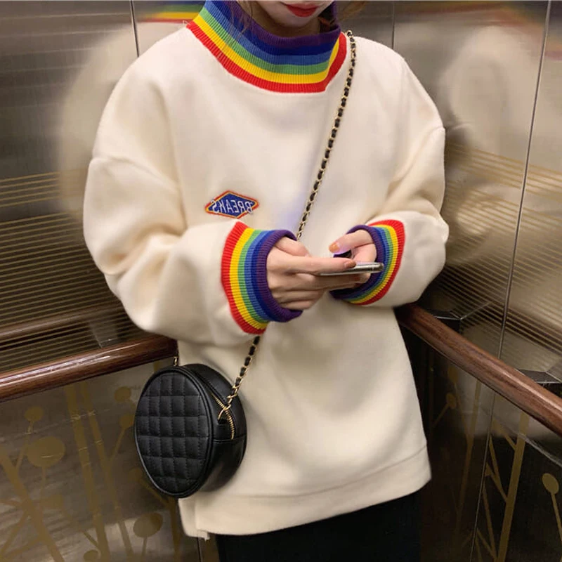 

Zoki Khaki Fashion Women Sweatshirt Embroidery O Neck Long Sleeves Rainbow Harajuku Hoodies Loose Korean Spring Autumn New 2021