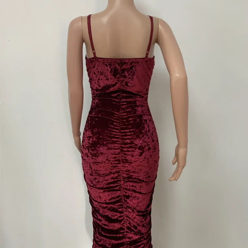 

2021 Sexy Slim Velvet Pleated Dress Women Spaghetti Strap Bodycon Mindi Dress Night Club Party Dresses Vestidos