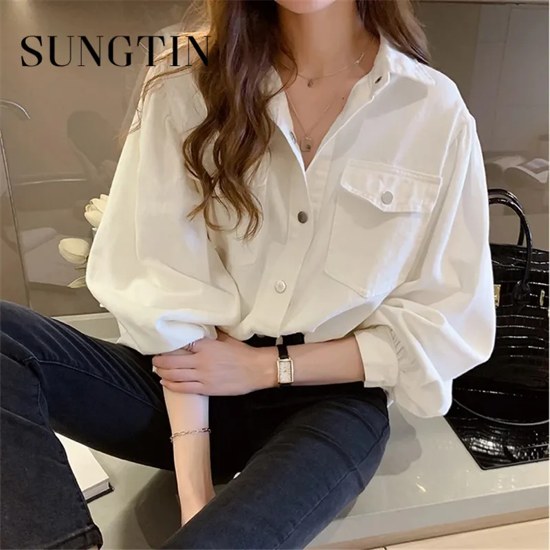 Рубашка Sungtin Женская Офисная с карманами Повседневная Свободная блузка размера