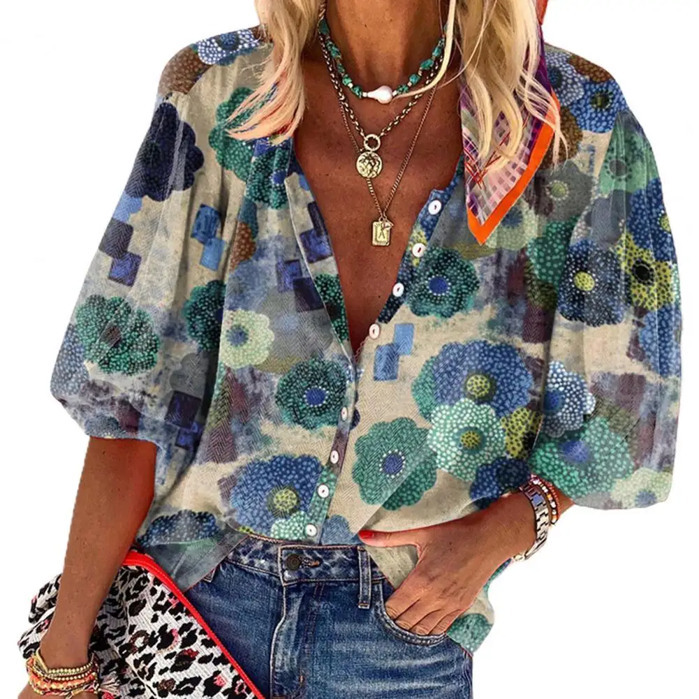 

New Fashion Vintage Printed Loose Women Shirts Autumn Half Sleeve Blouse Flower Print Breathable Stand Collar Buttons Closure