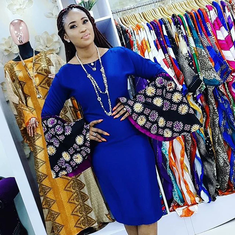 

Elasticity African Clothing Dresses For Women Flared Sleeve Floral Print Slim Pencil Dress Bazin Riche Africaine Ladies Clothes
