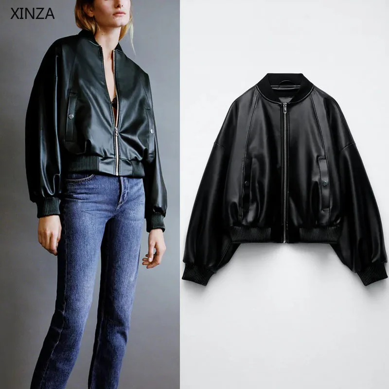 

Женская Черная куртка-бомбер из искусственной кожи Za 2021, облегающее пальто с высоким воротником и длинным рукавом, модные женские Куртки из ...