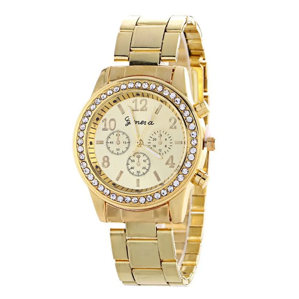 New Trendy Women Crystal Quartz Watch Geneva Three-eye Diamond Luxury Stainless Steel Strap Round Dial | Наручные часы