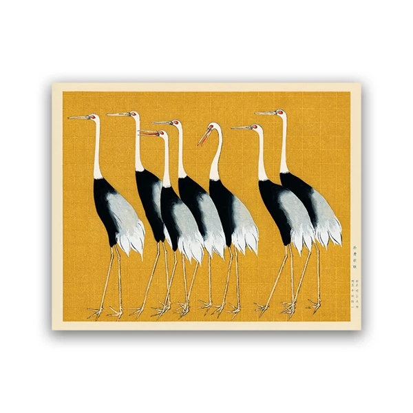 Желтый постер с изображением птиц и журавлей японское Восточное искусство на
