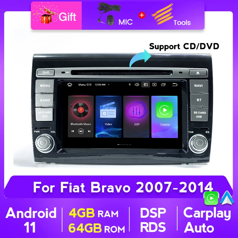4+64 PX5 Андроид 11 Автомобильный мультимедийный плеер рации 2 DIN автомагнитола CarPlay AUTO для Fiat Bravo 2007-2014 стерео навигация аудио