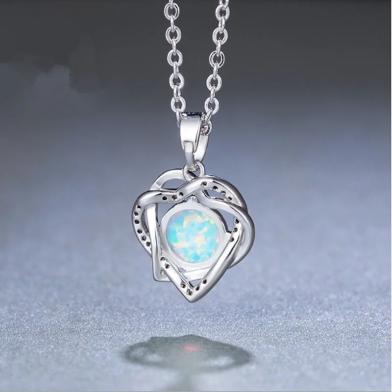 

Romantic Double Heart Rhinestone Statement Necklace Jewelry White Imitation Opal Pendant Necklace For Women Accessories Gift