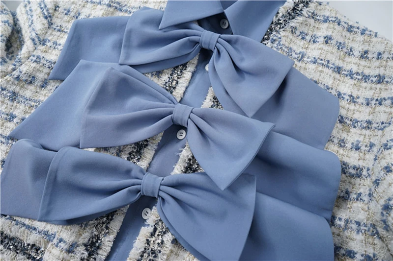 

LANMREM Loose Fit White Plaid Bow Tweed Jacket New Lapel Long Sleeve Women Coat Fashion 2021 autumn winter 2F0005