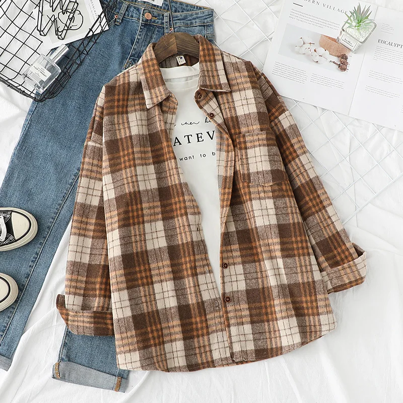 

Women Autumn And Winter Warm Thick Shirts Ladies Plaid Loose Blouses Boyfriend Style Full Sleeve Coat