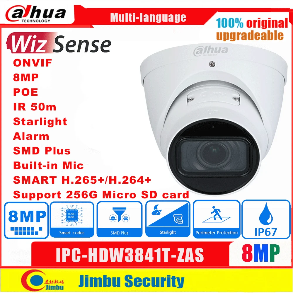 Dahua 8MP IP Camera POE IPC-HDW3841T-ZAS IR 50M Built-In Mic & SD Card Slot Vari-Focal Eyeball WizSense Network Starlight Camera