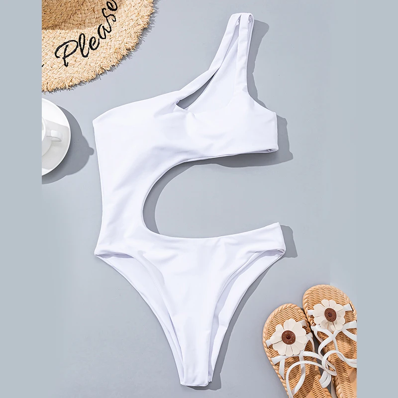 

Solid Swimwear Women 2021 Bikini Set Sexy One Piece Swimsuit Cut Out White Type C One Shoulder Beachwear Swimming Suit