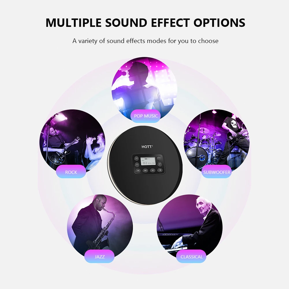 

New CD711T HiFi CD Player w/ Earbuds Travel Bluetooth-compatible Rechargeable LED Display Home Car Travel Use for Car Home