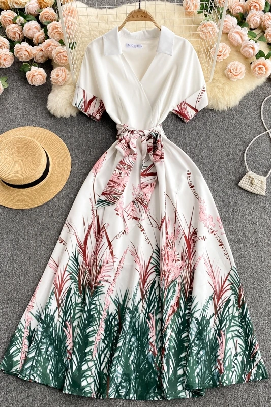 

Women's Elegant Printed V Neck Long Dress 2021 Summer Short Sleeve Streetwear Holiday Dress Ladies Elegant Office Wear Vestidos