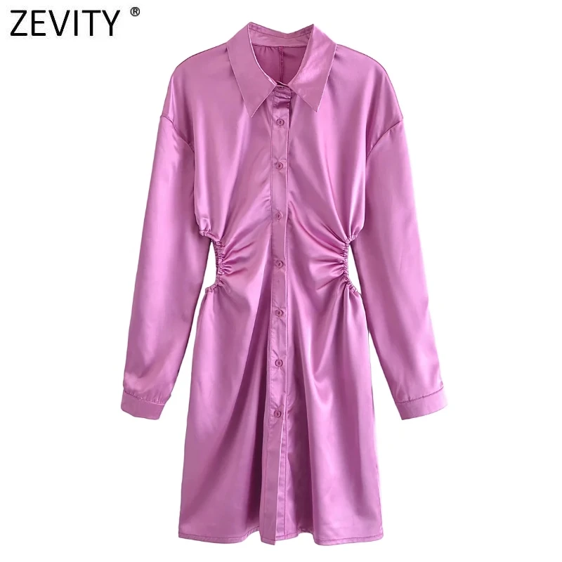 

ZEVITY женское модное однотонное однобортное мягкое атласное платье-рубашка женское шикарное Повседневное платье с боковыми складками и пояс...