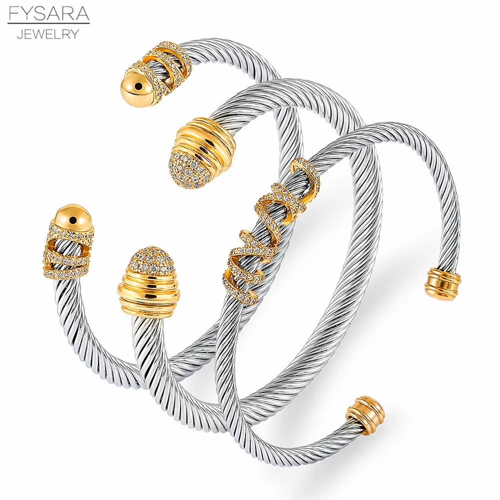 FYSARA Trendy Luxury Stackable Stainless Steel Twist Bangle For Women Wedding Full Cubic Zircon Crystal CZ Open Cuff Bracelet