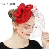 vintage bridal mesh fascinator headband headwear occasion red bridal veils hair accessories feather millinery cocktail headpiece