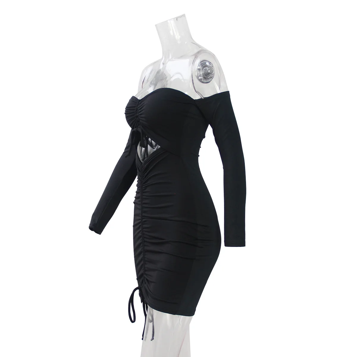 

WDBOO Strapless Off Shoulder Long Sleeve Hollow Out Sexy Mini Club Dress Women Black Ruched Pleat Party Bandage Dresses