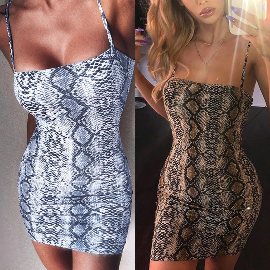 Женское платье на бретельках с открытыми плечами и змеиным принтом|Женские