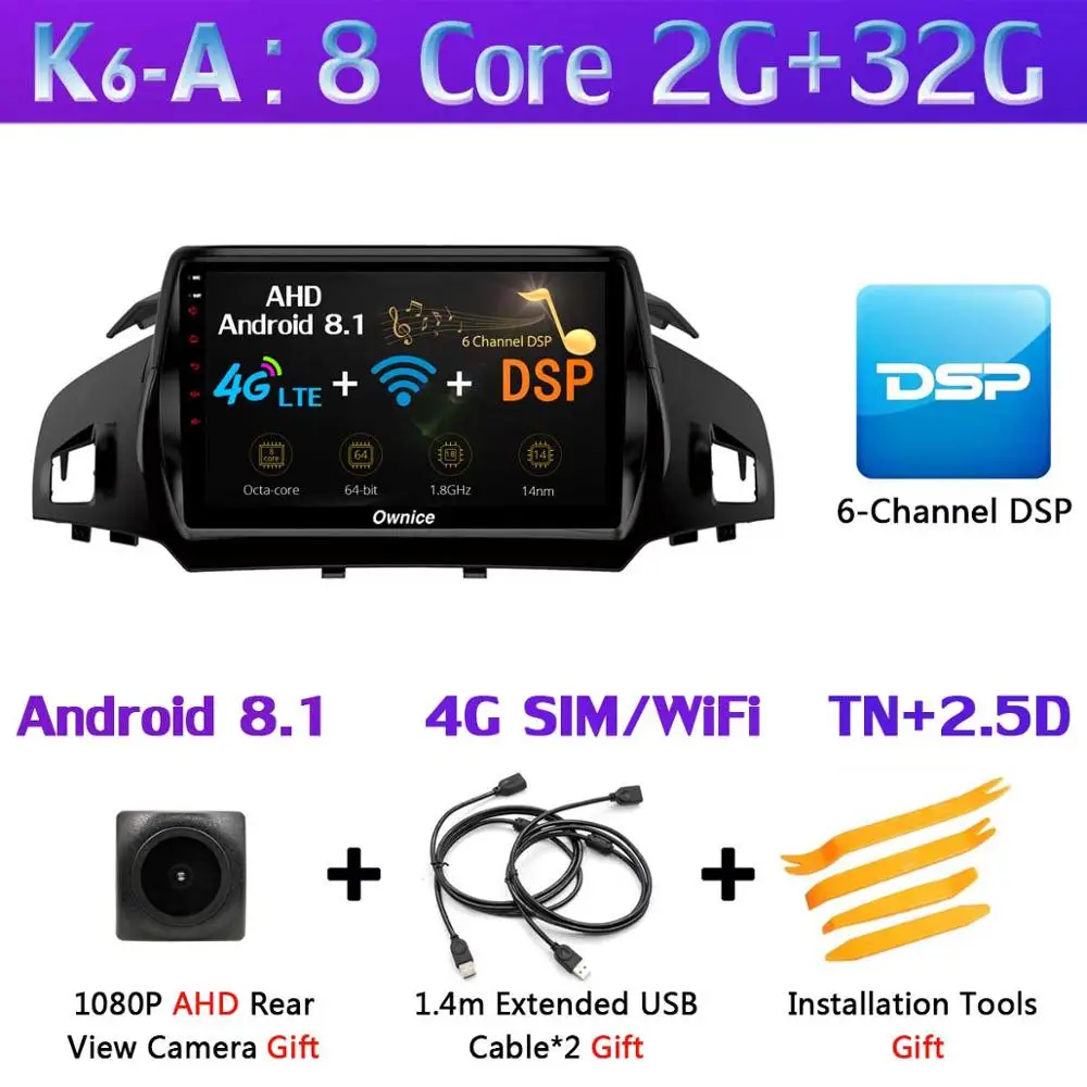 K6-A Панорамная камера 360 ° 4G SIM WiFi Android 9,0 4G+ 64G SPDIF DSP CarPlay Автомобильный плеер для Ford Kuga 2013- C-Max gps радио - Цвет: K6-A