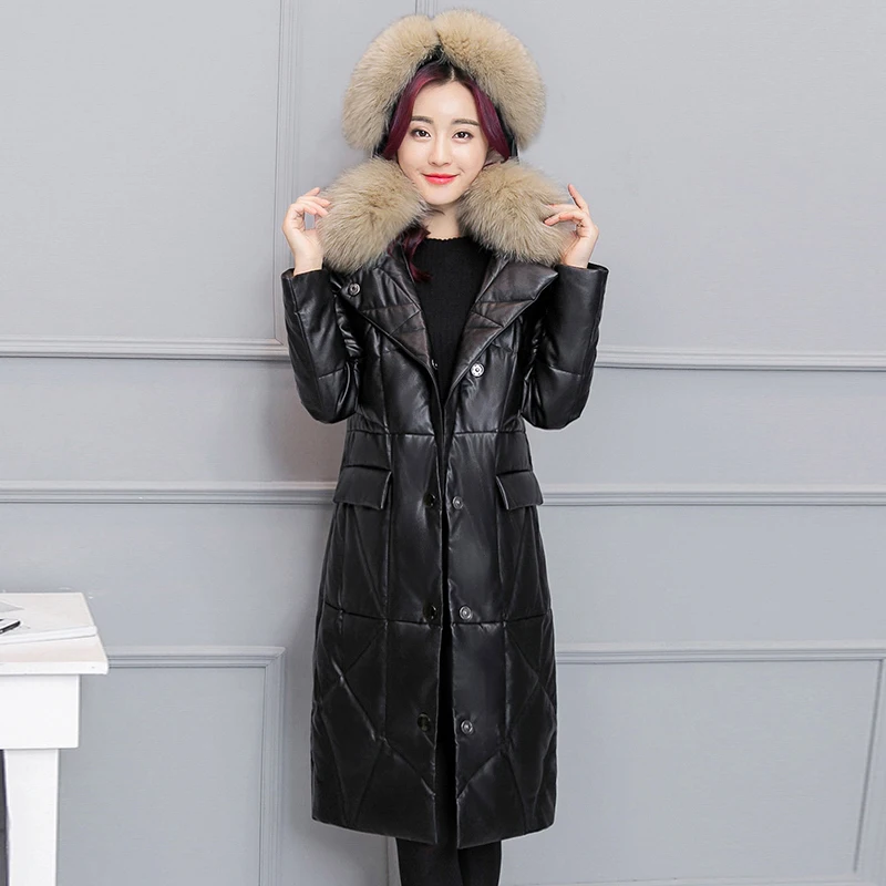 Women Winter Black Leather Jacket PU Parkas New Ladies Fur Collar Hooded Camel-Padded Long Coat Female Outerwear Warm Clothing