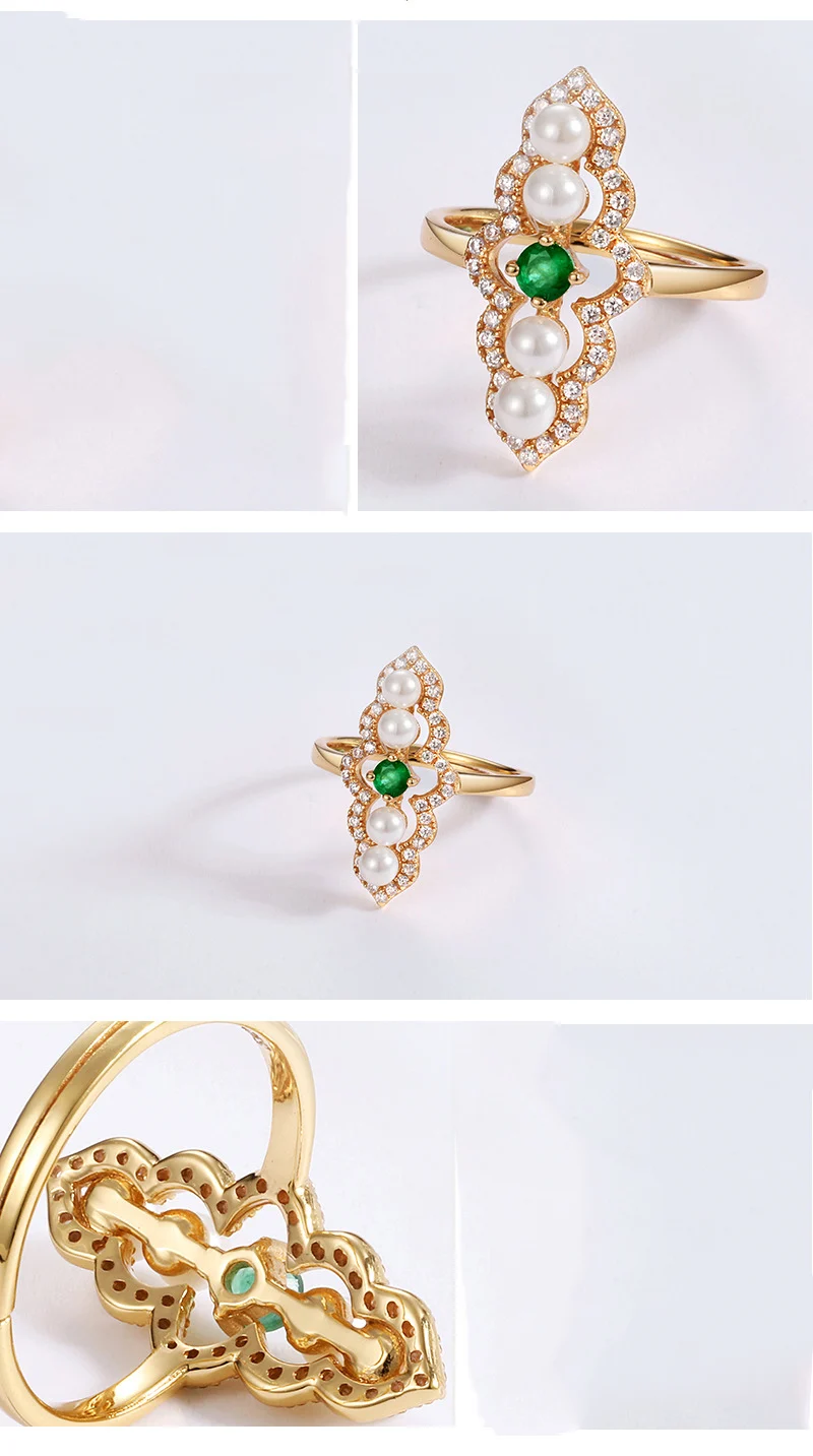 

Light luxury natural emerald pearl wave geometric ring S925 sterling silver plated 9K gold open ring 210308-16