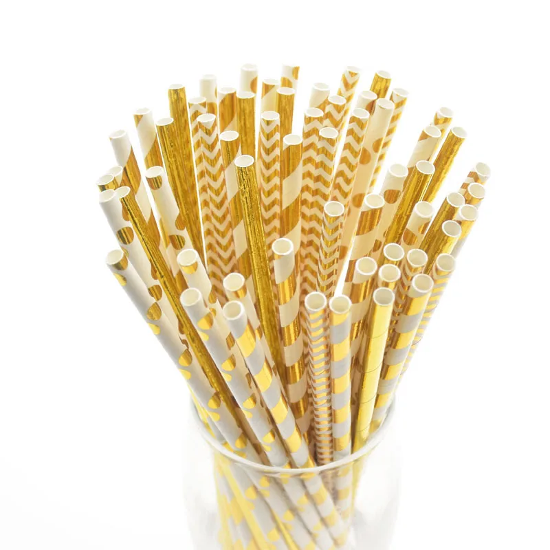 25pcs straws Фольга золото одноразовая посуда бумажные тарелки соломинки салфетки праздновать День Рождения вечерние принадлежности для кружева свадебные украшения - Цвет: 25pcs straws