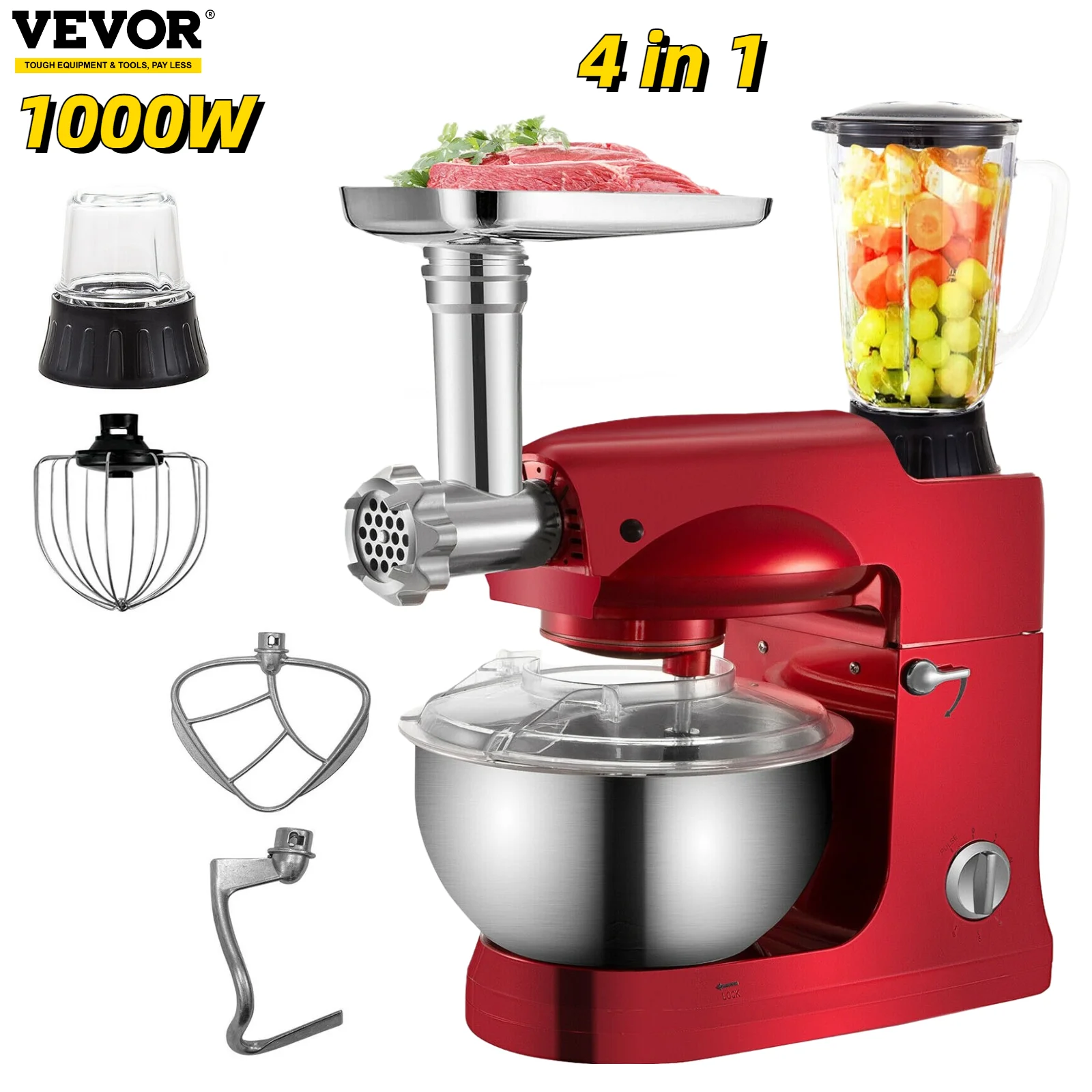 

VEVOR 1000W 4in1 Planetary Mixer 5L Stainless Steel Bowl Meat Grinder Juicer Blender Cake Egg Whisk Home Kitchen Food Processor