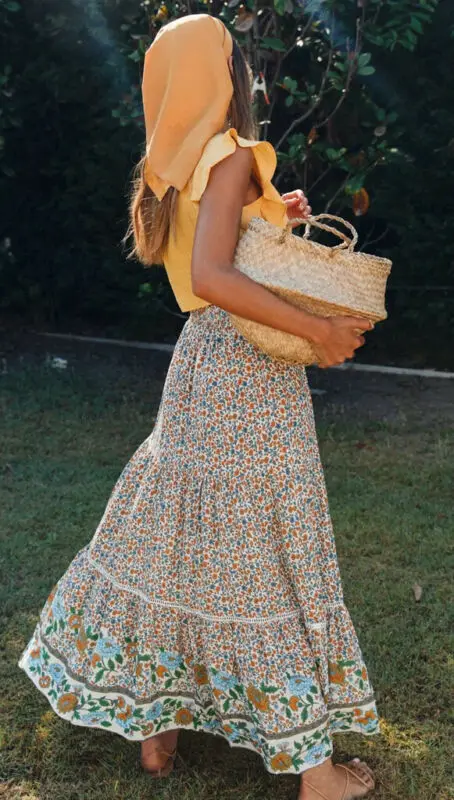 Шифон Boho женские богемные кружева крючком Высокая талия цветочный принт