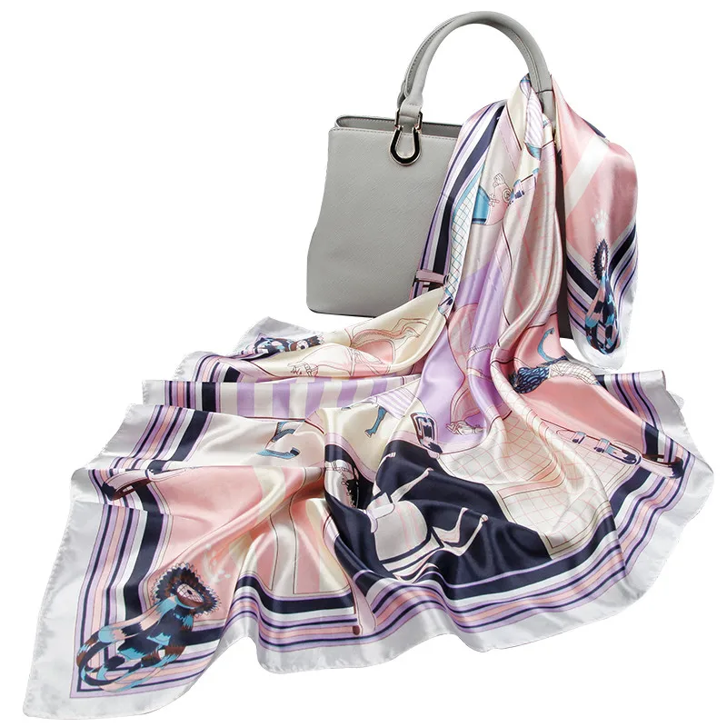 Модный Шелковый шарф с принтом цепи для женщин хиджаб 90*90 см большой квадратный