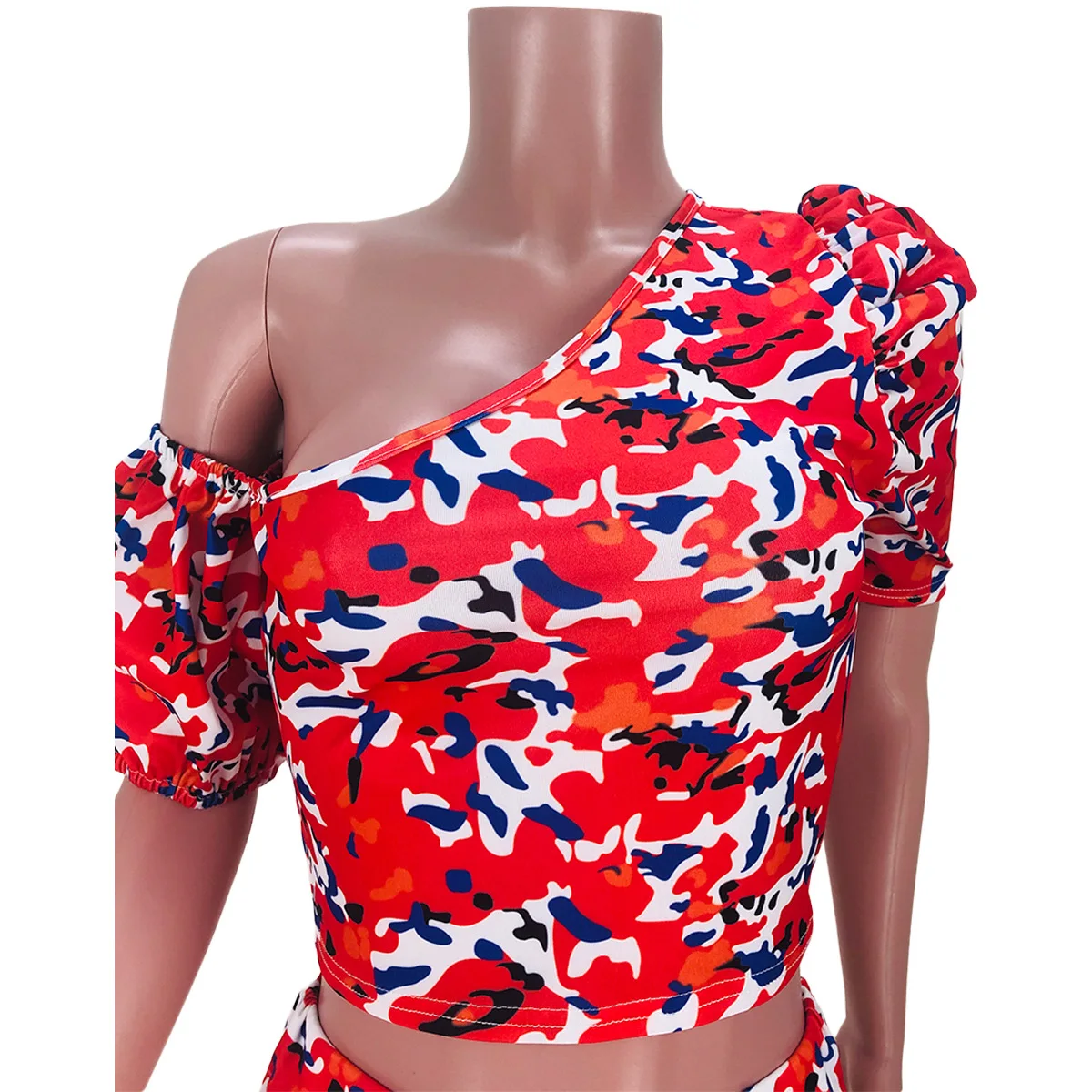 

Women Set Print Short Sleeve Skew Collar Crop Tops Pockets Pencil Pants Two 2 Piece Set Fashion Outfits Summer Tracksuit