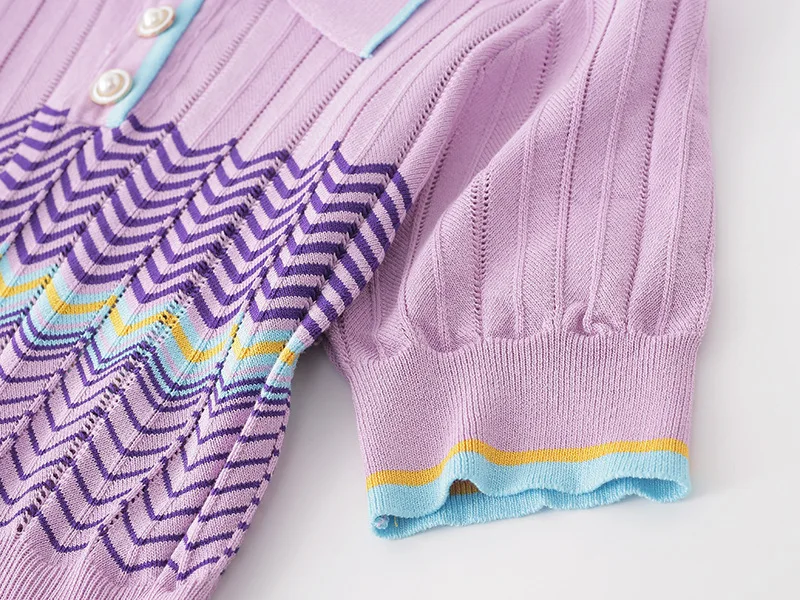 

HLBCBG Summer Dress Women Hollow Out Waves Striped Knitted Elegant Dress 2020 Lapel Short Sleeve Sweater Dress Vestidos Robes