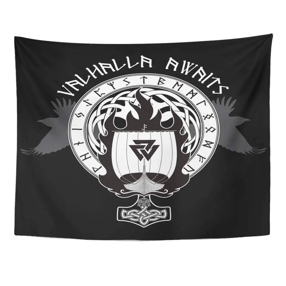 

Indian Tapestry Blue Boat Warship of The Vikings Drakkar On Fire and Norse Runes Black Warrior Flag Home Decor Tapestries