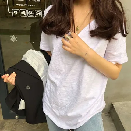 

White Short-Sleeved T-shirt Women's Loose Slub Cotton Base Shirt Summer New V-neck Super Popular INS Top Fashion
