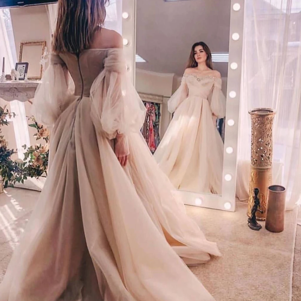 

champagne prom dresses 2020 long sleeve crystal off the shoulder a line tulle evening dresses bestidos de gala formal dress