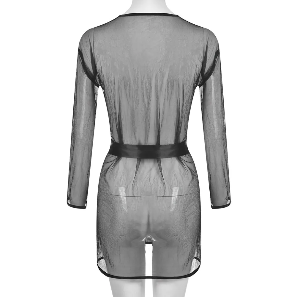 Женское сексуальное прозрачное Сетчатое белье большого размера банный халат контрастная черная ночная рубашка с поясом