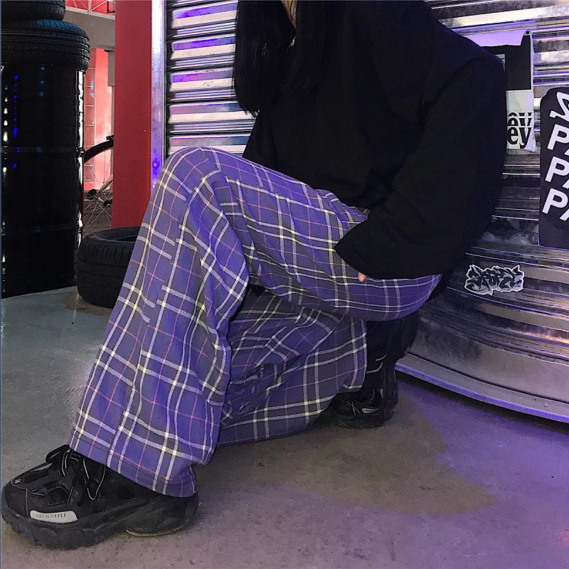 

Purple plaid wide leg pants women Korean vintage casual high waist oversize straight leg pants streetwear Harajuku hip-hop pants