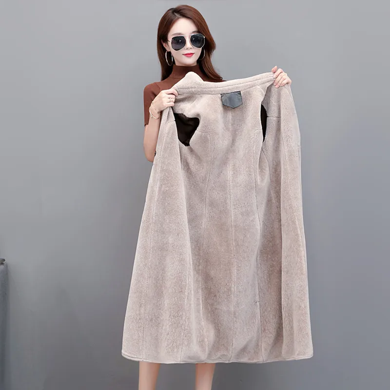 Women Long Leather Overcoat Winter 2022 Fashion Lamb Fur Thicken Warm Tops Coat Lacing Belt Slim Sheepskin Outerwear Female